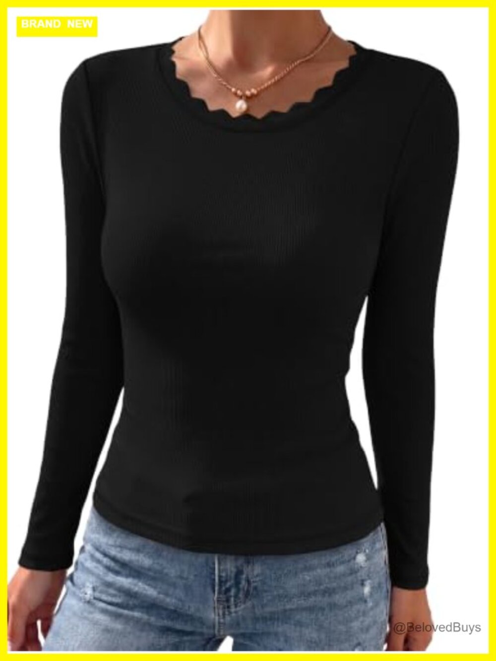 Women's Ribbed Knit Long Sleeve Scalloped Trim Fitted Top